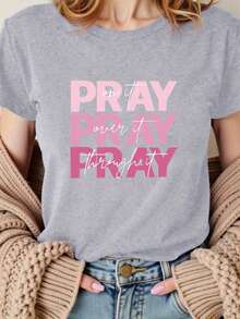 Camiseta Casual de Manga Corta para Mujer con Estampado de la Palabra "pray", Cuello Redondo, Talla Estándar, Ropa de Mujer, 100% Algodón. - Negro - Ver 9