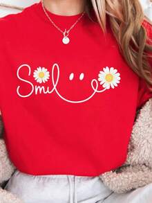 Camiseta de mujer, colores cómodos, camiseta de mujer con diseño de margarita sonriente, camiseta con  de cara sonriente, camiseta floral a la moda, regalo inspirador, regalo con ambiente primaveral y veraniego. - Rojo - Ver 1