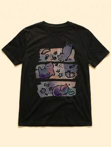 Women's Casual Cute Japanese Cartoon Cat Print Round Neck Short Sleeve T-Shirt, Spring/Summer, 100% Cotton Black - Black - View 4