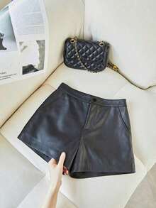 High Waist Faux Leather Shorts Women Skinny Fit Party Streetwear Going Out - 黑色 - 查看 5