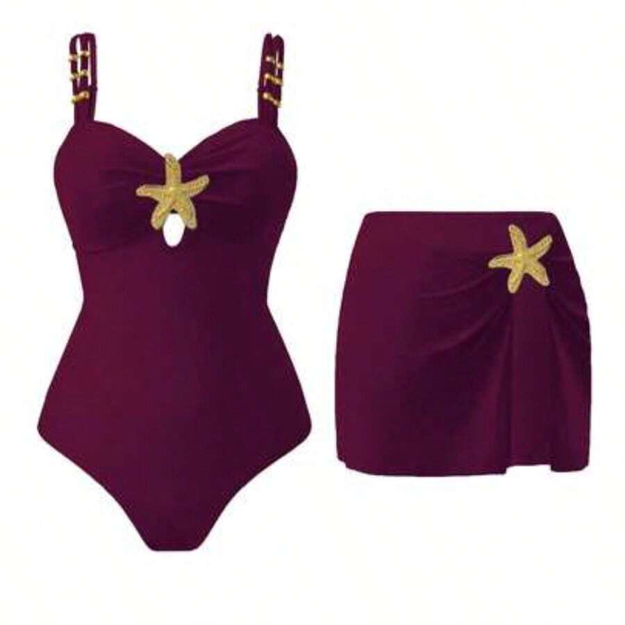Swim Oasis 2pc Women's Cute Pentagram Decor Casual Vacation One-Piece Swimsuit Women's Swimwear Women's Swimsuits Tummy Control Women's Swimsuit 2 Pieces Pool Party Outfit For Women Swimsuit With Skirt - Burdeos - Ver 1