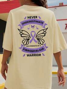 Fibromyalgia Awareness Support T-Shirt, 220 G/M² Cotton T-Shirt With Double-Sided Print, Round Neck, Casual Style For Women (1 Piece) - 杏色 - 查看 4