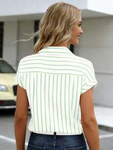 Women's Elegant Polyester Short Sleeve Collared Button Striped Print Shirt/Blouse, Regular Fit, Suitable For Spring/Summer, Daily, Work, Party, Travel, Fashionable & Versatile - Mint Green - View 6