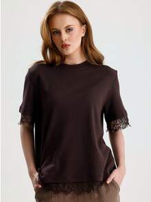 RoseArya Premium Cotton Lace Sleeve & Back T-Shirt - Brown - View 3