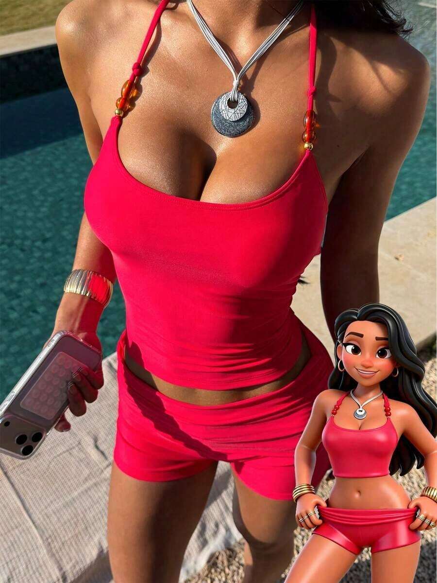 Conjunto de tankini de contraste de color para mujer/ropa de playa/casual/estilo Y2K/básico/vuelta al colegio vacaciones de verano - Rojo - Ver 1