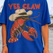 Tops2026Lobster Cowboy Shirt, Yee Claw Tee Funny Lobster Tshirt Western Beach Top Amalfi Coast Trip Tomato Girl Summer, Women's Oversized Casual Short-Sleeved Top, 100% Cotton All-Season Fashion Prints Loose T-Shirt, Ladies T-Shirt Gift For Friends And Family Holiday Parties, Vacation, Thanksgiving, Halloween, Valentine's Day Daily, Unisexgraphic Tees Women - 藍色 - 查看 12
