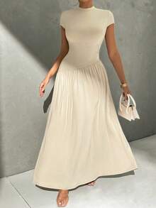 Vestido de línea A de manga corta, de cuello, ajustado, con bajo asimétrico, de uso diario, de estilo minimalista y elegante - Caqui 2 - Ver 7