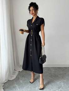 Vestido corto de verano para mujer con botones delanteros y mangas de murciélago - Verde Oscuro - Ver 11
