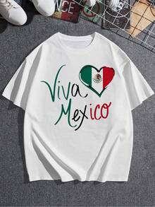 Camiseta gráfica con la bandera del corazón de Viva México, camiseta de cuello redondo de corte relajado para mujer con diseño vibrante de orgullo nacional, camiseta patriótica cómoda y elegante, perfecta para celebrar la cultura mexicana! Ropa De Mujer / Ropa De Mujer De Uso Diario / Blusas, Camisas Y Camisetas De Mujer / Camisetas De Mujer Ropa Deportiva Basicos Mujer Short Playeras Para Hombre - Blanco - Ver 1