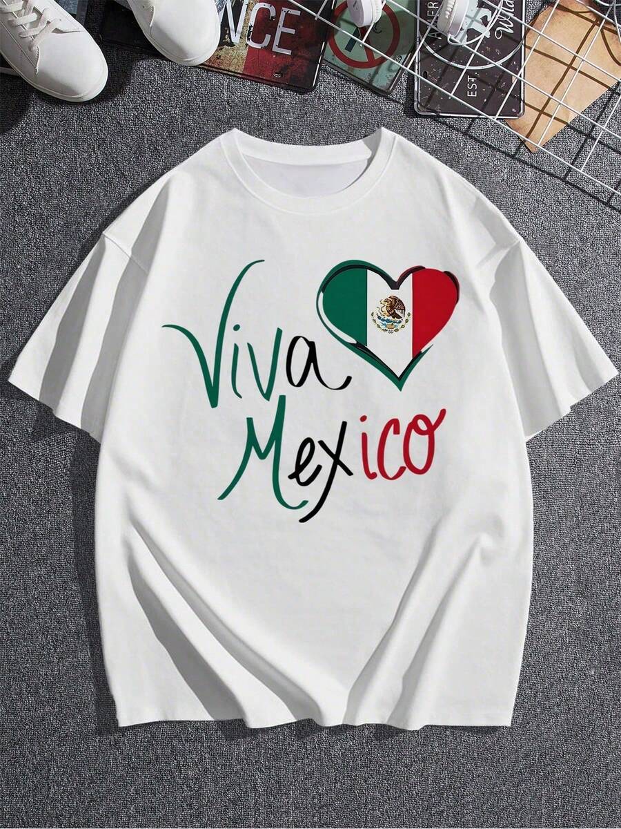 Camiseta gráfica con la bandera del corazón de Viva México, camiseta de cuello redondo de corte relajado para mujer con diseño vibrante de orgullo nacional, camiseta patriótica cómoda y elegante, perfecta para celebrar la cultura mexicana! Ropa De Mujer / Ropa De Mujer De Uso Diario / Blusas, Camisas Y Camisetas De Mujer / Camisetas De Mujer Ropa Deportiva Basicos Mujer Short Playeras Para Hombre - Blanco - Ver 1