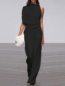 Color sólido, hombro apilado, collar unido, temperamento elegante, vestido de pantalón - Negro - Ver 1