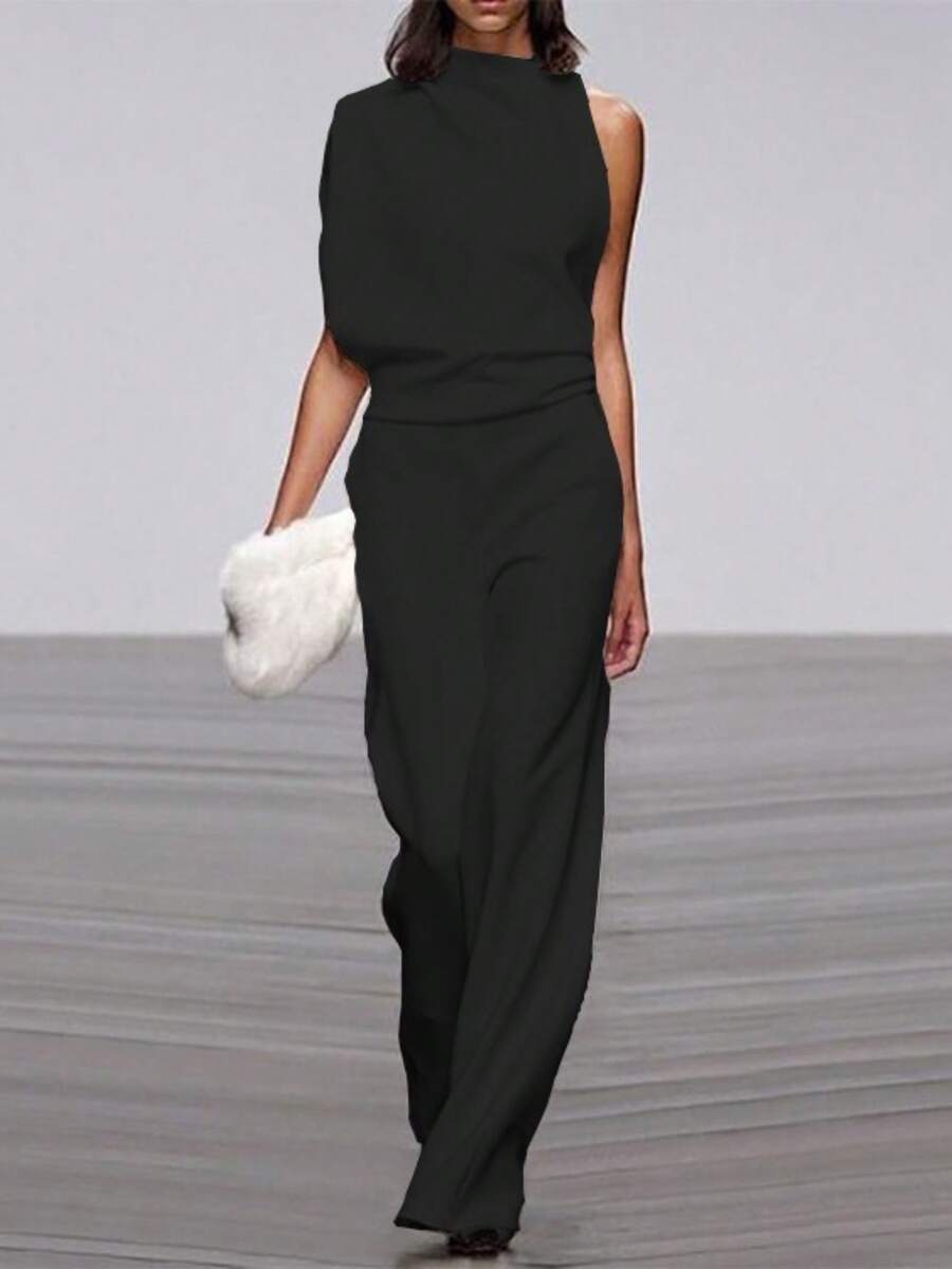 Color sólido, hombro apilado, collar unido, temperamento elegante, vestido de pantalón - Negro - Ver 1