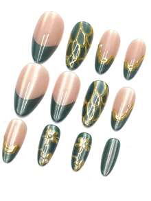 24 Peças Unhas Falsas Amendoada Média com Textura de Concha de Linha Dourada, Olho de Gato de Pérola na Cor Dopamina Verde Minimalista, Adequado para Primavera, Outono, Trabalho, Diário, Festa, Casamento, Acompanha Gel de Gelatina e Lixa, Suprimentos de Arte de Unhas Destacáveis e Reutilizáveis - Verde Escuro - Visão 3