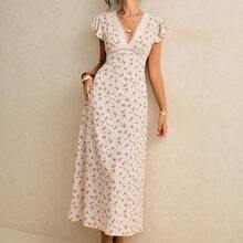 Women's Floral Print V-Neck Elegant Waist Cinched Party & Casual Dress - Multicolor - Ver 3