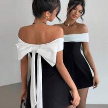 Valentine's Day Off Shoulder Black & White Bowknot Dress, Fairycore,Graduation,Graduation Dresses For Women,Back To School Dress,Summer Dress,Elegant Dresses For Party,Weddings & Events,Elegant Ceremony Dresses - Blanco y Negro - Ver 2