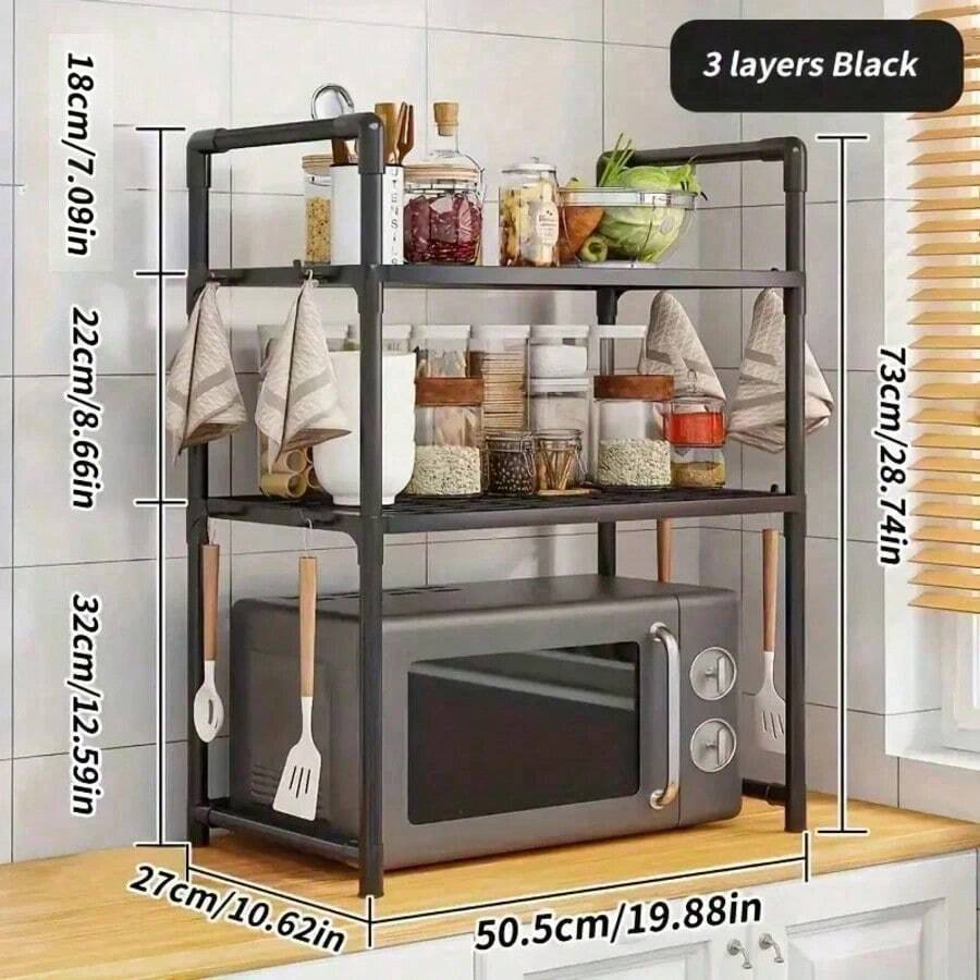 1 Set Multi-Tier Kitchen Storage Rack - Microwave Oven Kitchen Organizer Rack, Adjustable Storage Rack With Hooks, Kitchen Shelf, Multi-Function Storage Rack, Thickened Spice Rack With Handrail And Hooks, Suitable For Kitchen And Apartment Daily Storage, Ideal Gift For Holidays - Multicolor - View 1
