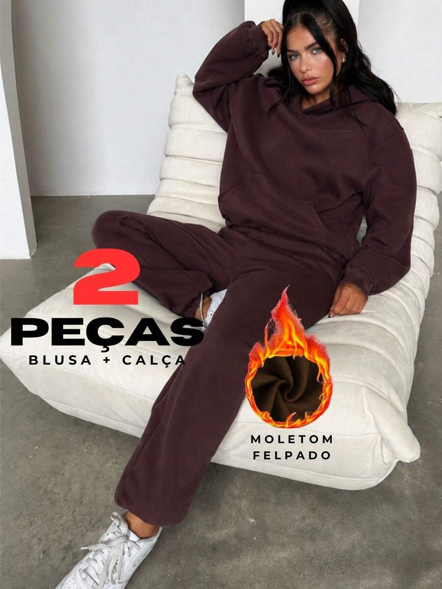 Women's Oversized Fleece Winter Set - Kangaroo Hoodie And Casual Jogger Pants - 鏽棕色 - 查看 1