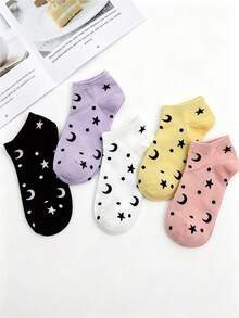 1/5 paires de chaussettes courtes d'été japonaises pour filles, motif étoiles et lune mignon. Chaussettes décontractées pour femmes avec motif céleste. Série de couleurs macaron, convient pour le port quotidien et les vacances - Multicolore - Voir 16