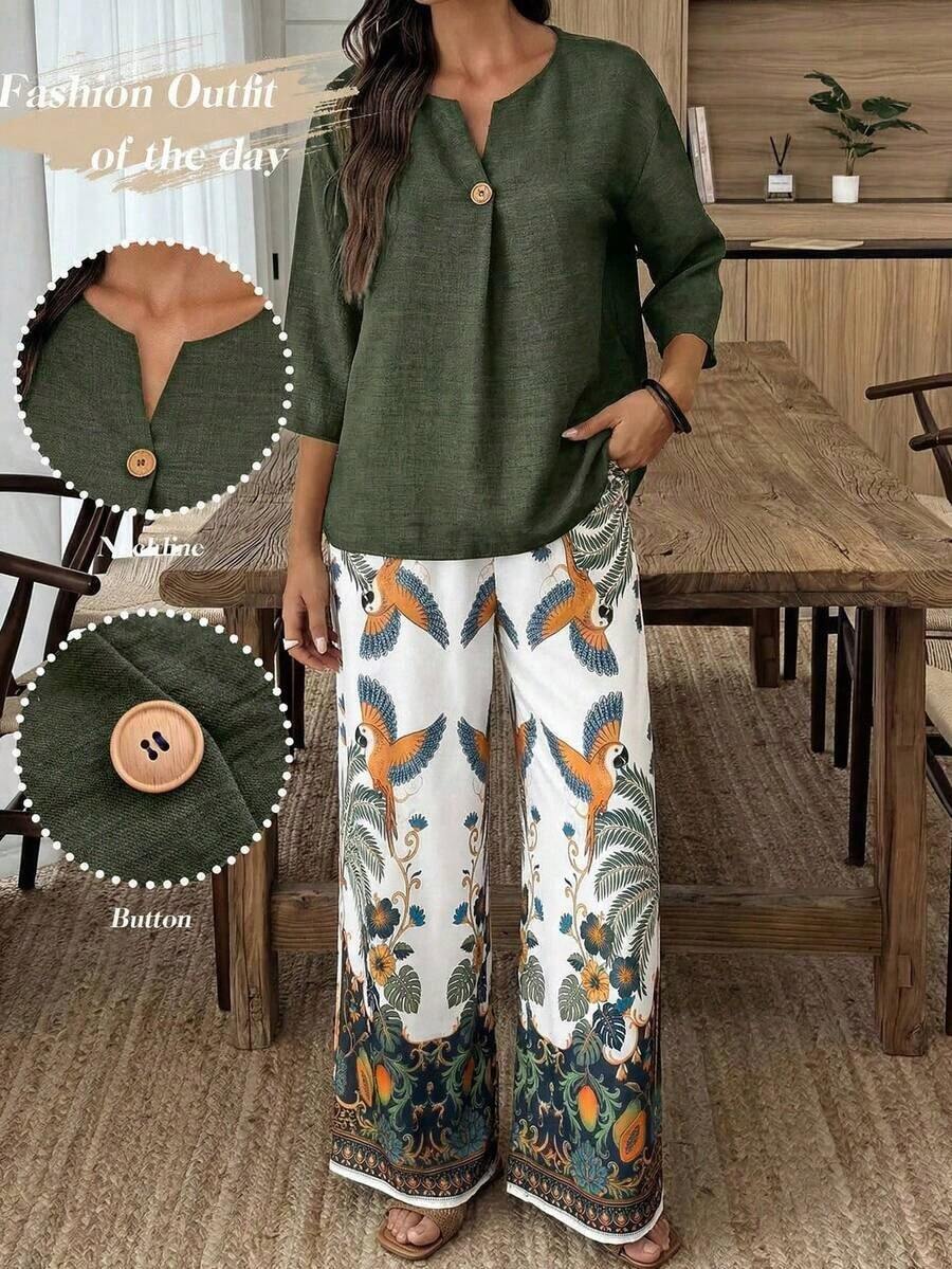 Conjunto de camisa de unicolor y pantalones con estampado floral para vacaciones - Multicolor 4 - Ver 1
