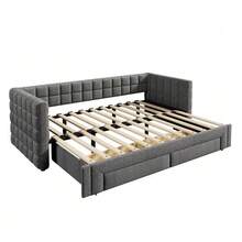Sofa Bed 90 X 200 Cm, With Square Backrest, Extendable (Up To 180 Cm Queen Size), 2 Drawers, Without Mattress, Beige Color. - Grey - View 6