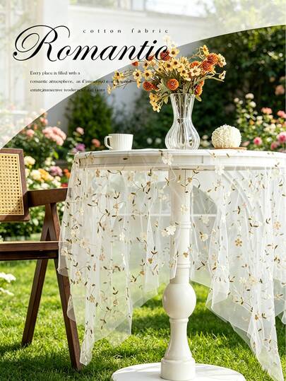 1pc White Flower Embroidered Mesh Table Runner, Cute Minimalist Style Polyester Table Cloth, Suitable For Living Room, Dining Room, Party, Home Decor, Room Decor, Tabletop Decor And Holiday Gift, Multiple Sizes Available, Suitable For All Seasons
