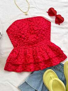 Top tubo sin espalda con lazo de jacquard de ganso casual de vacaciones para damas - Rojo - Ver 1