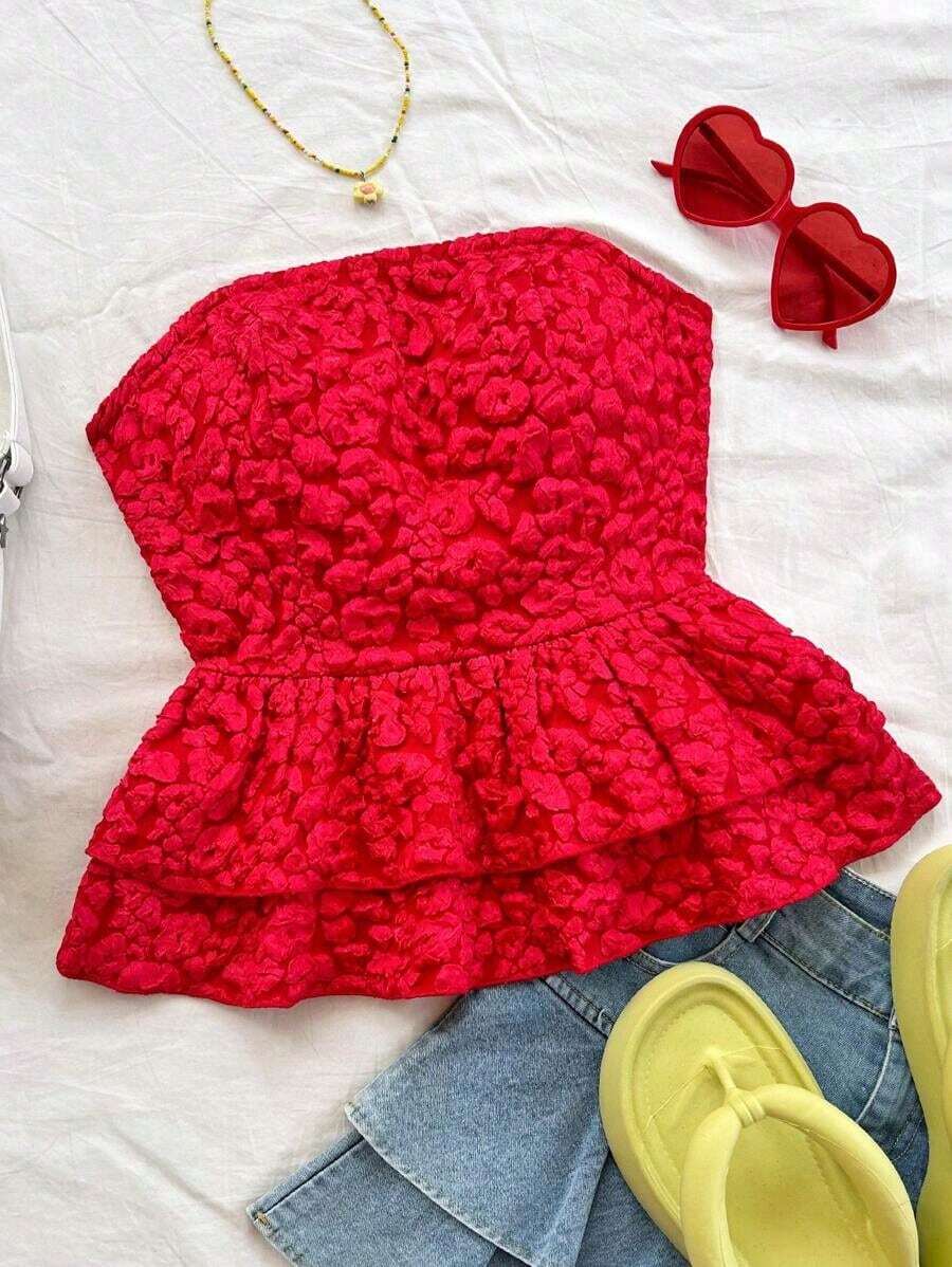 Top tubo sin espalda con lazo de jacquard de ganso casual de vacaciones para damas - Rojo - Ver 1