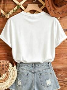 Women's Classic Casual T-Shirt With Romantic Paris Print, Black, Short Sleeve, Round Neck, Drop Shoulders, Medium Elasticity Knit Fabric, Summer T-Shirt - 白色的 - 查看 3