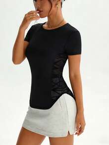 Women's Short Sleeve T-Shirt, Mesh Patchwork Design, Breathable & Comfortable Fabric Sports - Black - View 3