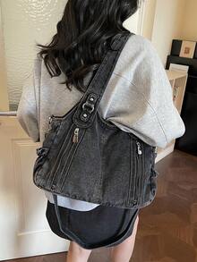 新款休閒時尚水洗牛仔大容量托特包，女款復古百搭通勤單肩斜背包，適合通勤與購物 - 黑色 - 查看 4