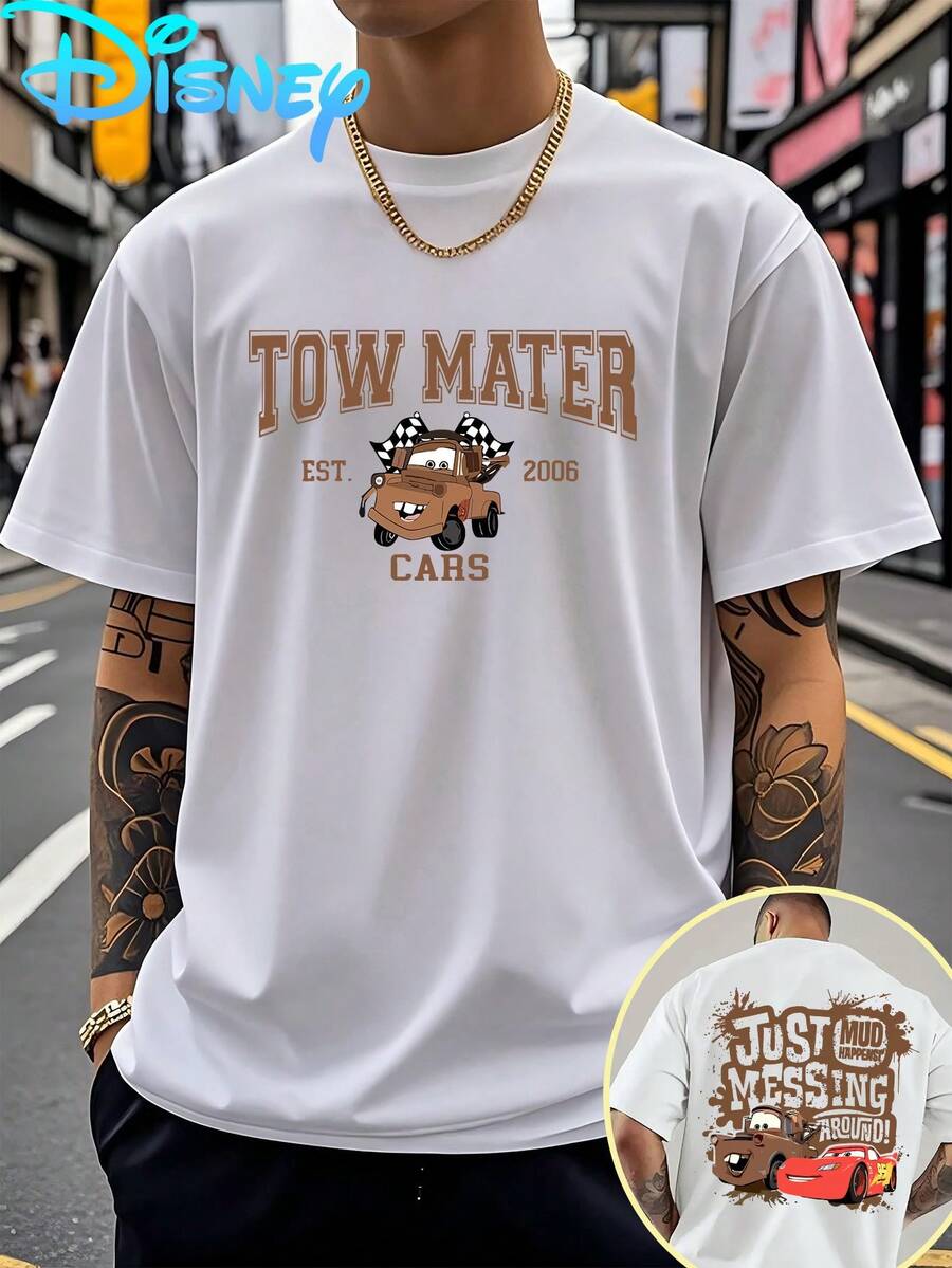 A New Disney Men'S T-Shirt Featuring TOW MATER From 'Cars' With Cartoon Prints On The Front And Back. This Round-Neck Casual Tee Is Comfortable And Suitable For Both For Sports And Everyday Wear. It'S A Loose-Fitting Option For Women And Makes A Gre - 白色 - 查看 1