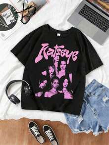 Baby Phat Jacket, Camiseta con Estampado de Ojo de Gato para Adolescentes y Chicas , Conjuntos de San Valentín para Mujeres y Chicas, Camiseta Casual de Manga Corta con Cuello Redondo - Negro - Ver 2