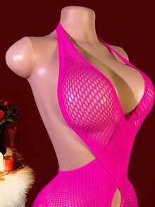 1 bộ đồ lót liền thân lưới jacquard khoét rỗng gợi cảm - Màu Hoa hồng đỏ - Xem 5