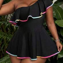 Slayr CURVE Plus Size Women 2 Pieces Swimsuit, Gradient Floral Ruffle Swimdress For Summer Vacation - Negro - Ver 1