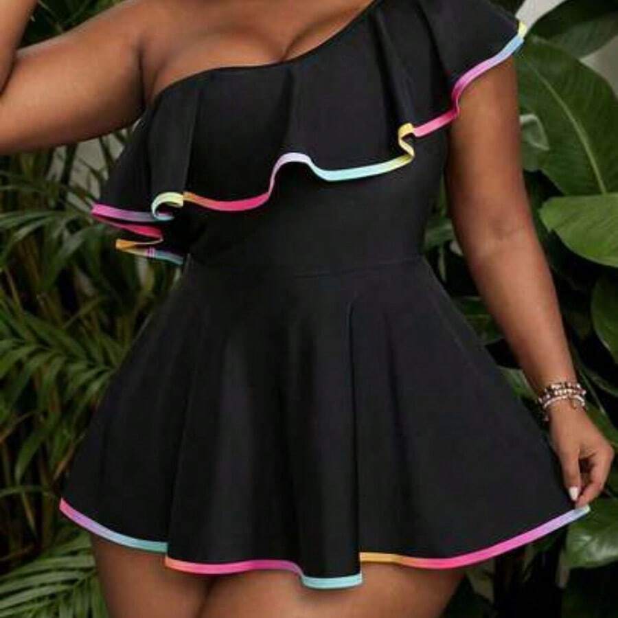 Slayr CURVE Plus Size Women 2 Pieces Swimsuit, Gradient Floral Ruffle Swimdress For Summer Vacation - Negro - Ver 1