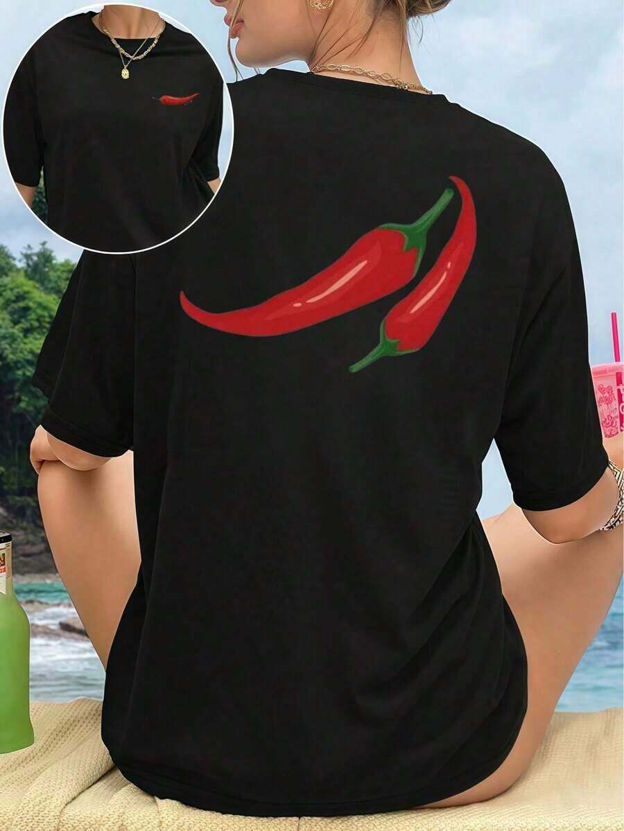 Chile Print T-Shirt, Short Sleeve Cotton T-Shirt With Round Neck, Double-Sided Print, Casual Fashion For Women (1 Piece) 100% Cotton, Soft Fabric - 黑色 - 查看 1