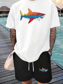 Men's Summer T-Shirts, Men's Gradient Shark Print T-Shirt, Suitable For Spring/Summer, Matching Cotton T-Shirt, Men's T-Shirt, Streetwear Cotton T-Shirt, Jersey. - White - View 5