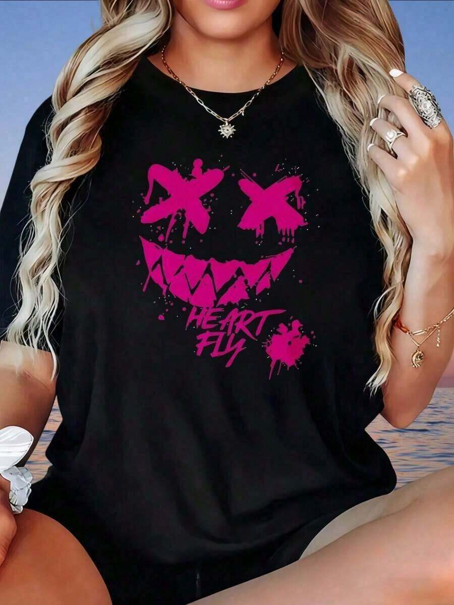 Camiseta Blanca Holgada con Estampado de Cara de Graffiti y Corazón Volador para Mujer, Top Casual de Manga Corta, Camiseta Gráfica de Moda de Verano, Camiseta de Mujer, ropa de calor mujer, blusas de mujer, S-3XL - Negro - Ver 1