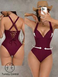 Traje de baño de una pieza con control de abdomen y push-up, con parches de color marrón, cordón de ajuste elegante y sexy, para fiestas y piscina - Burdeos - Ver 9