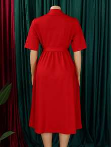Nuevo 2026 Vestido Mujer Verano Cuello Solapa Manga Corta Color Sólido Cintura Alta Acampanado - Rojo - Ver 2