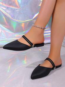 Women's Pointed Toe Flat Sandals, Casual Fashion Versatile Thin Strap Metal Buckle Pointed Toe Ballet Flats, Elegant Daily Office Wear Women's Shoes - Black - View 5