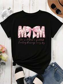 Mom Is Clothed In Gratitude Counting Blessings Every Day Floral T-Shirt With Bow For Women White Cotton Casual Mother's Day Gift | Exquisite Design | Loose And Comfortable | Easy To Match | - 黑色 - 查看 2