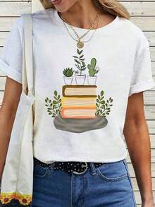 Camiseta ajustada de cuello redondo para mujer. Una camiseta casual para mujer con cuello redondo y mangas cortas, adornada con un estampado de libros, plantas y cactus.Hecho de un tejido versátil y cómodo, es adecuado para el uso diario y se puede lavar a máquina. 2026-Adecuado para uso diario, vacaciones, fiestas. |   Diseño exquisito |   Suelto y cómodo |   Fácil de combinar | - Blanco - Ver 7