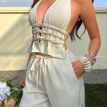 SunnyBelle Apricot Crinkle Texture Fabric Deep V-Neck Halter Top And Low-Waist Straight Leg Pants Two Pieces Set, Women's Spring/Summer Vacation Beach Bohemian Minimalist Elegant Vintage Casual Versatile - Negro - Ver 6