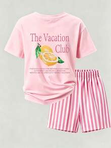 2pcs Plus Size Women's Casual Magenta Lemon Pattern Back Design Crew Neck Short Sleeve T-Shirt Set, Spring/Summer Pink Elegant - Baby Pink - View 4