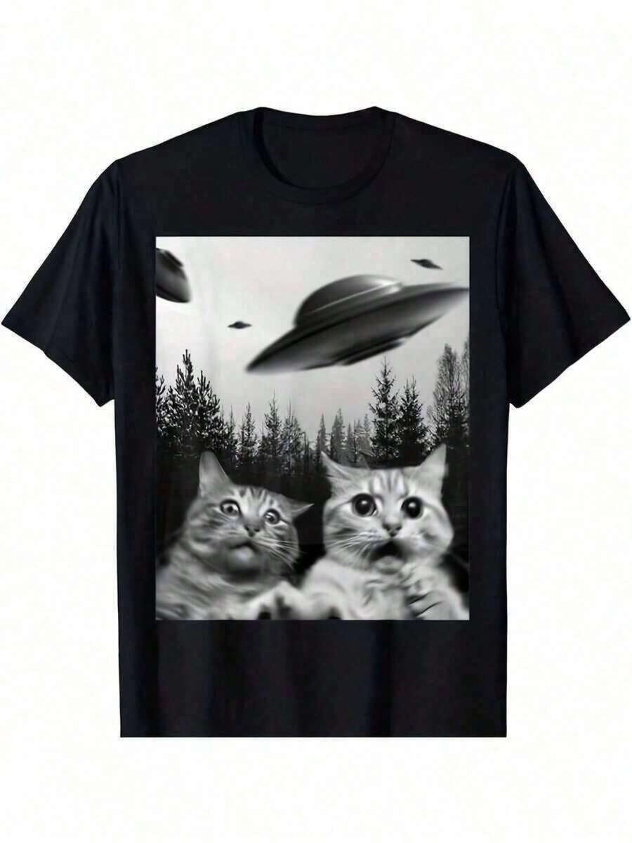 Funny Cat Duo Selfie With UFO Shirt - Gift For Cat Lovers, Best Buy, New Arrival Casual Sports T-Shirt Lightweight And Comfortable Shirt For Daily Summer Wear Outdoor Running Gym Training And Travel Activities BNEA VNNS - 黑色 - 查看 1