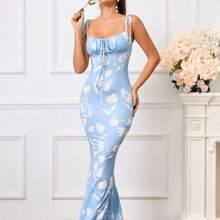 Women's Floral Print Ruched Front Tie Fitted Elegant Dress Vacation Party Summer - Azul y blanco - Ver 1