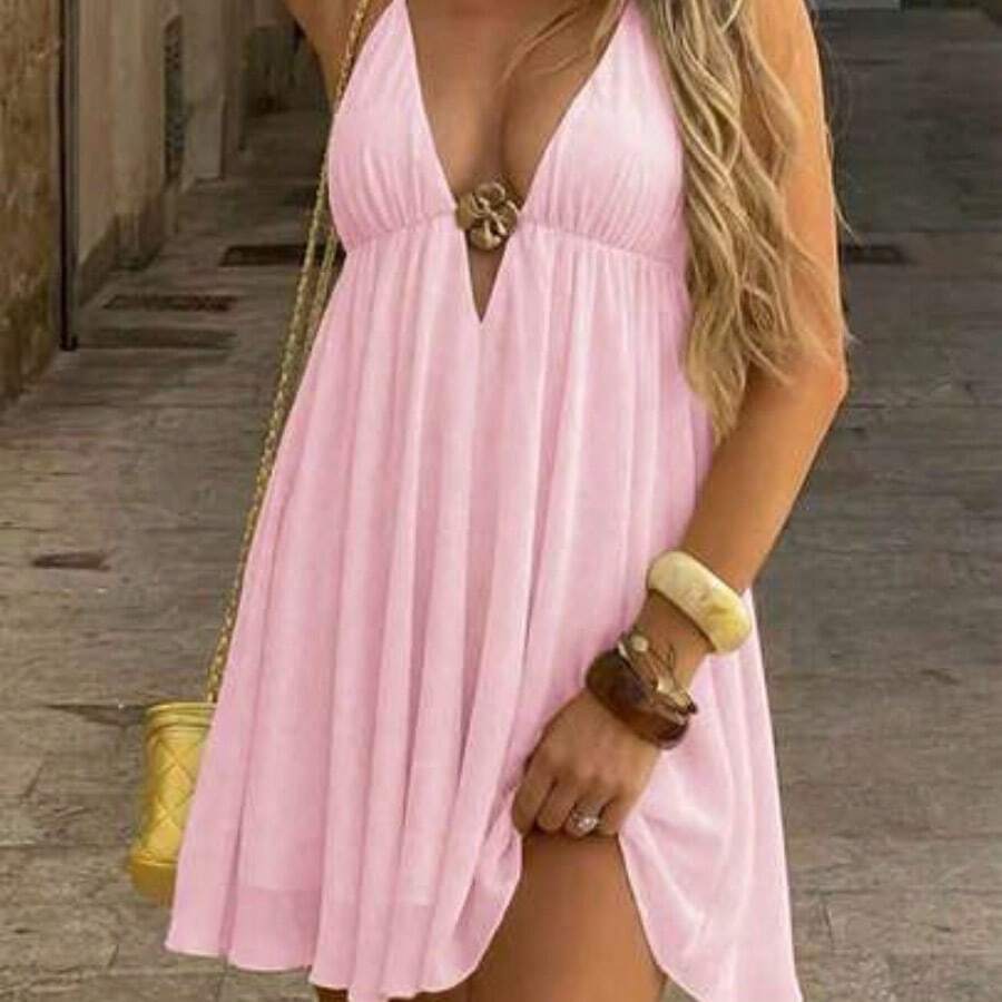 Women's Summer Black Spaghetti Strap Mini Dress, Deep V-Neck Camisole Style Tie-Up Chiffon Flowy Beach Holiday Party Dress Elegant - Rosa - Ver 1