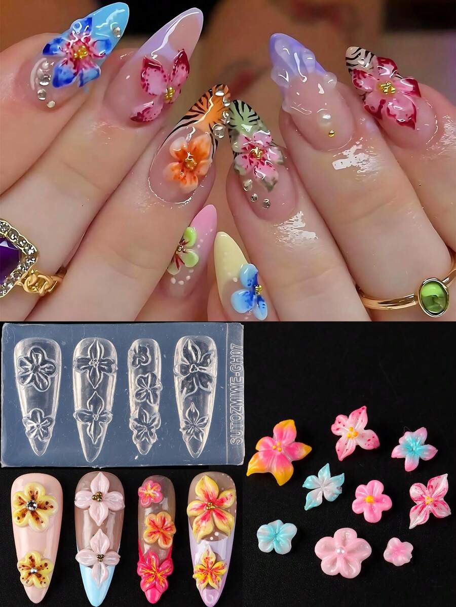 FULL BEAUTY Hibiscus Lily Cherry Blossoms Spring Nail Art Silicone Mold Embossed Blooming Flower Summer Floral Nail Carving Mold Gel Polish Printing Nails Template Manicure Tools - Clear - View 1