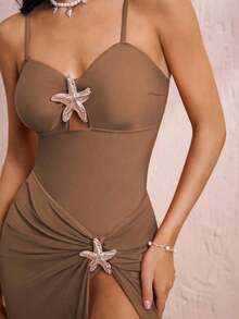 Elavelle Set de 2 piezas de traje de baño de una sola pieza con falda maxi, tirantes finos y decoración de estrella de mar, unicolor para mujer - Marrón 2 - Ver 6